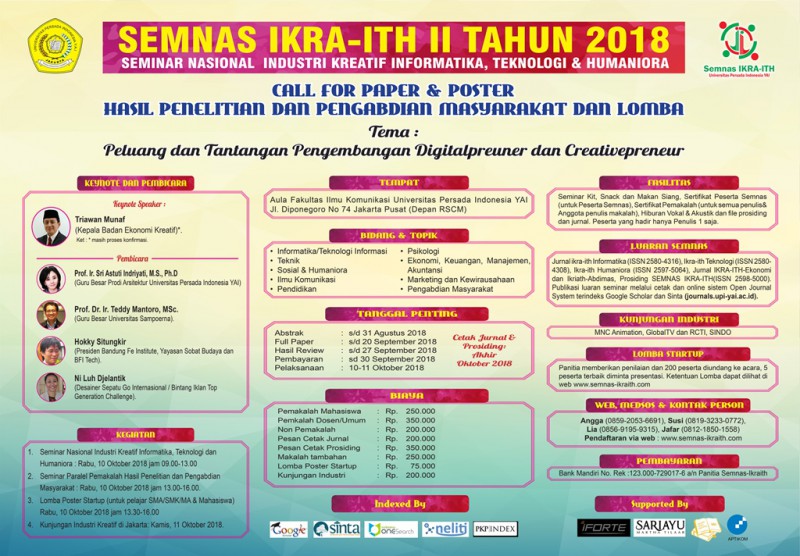 Seminar Nasional Industri Kreatif Informatika, Teknologi dan Humaniora II 2018 (SEMNAS-IKRAITH II 2018)